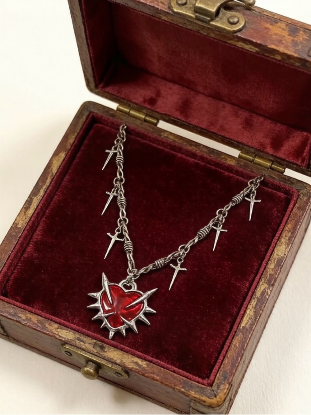 Silver Spike Chain Necklace with Red Heart Pendant - Women Jewelry